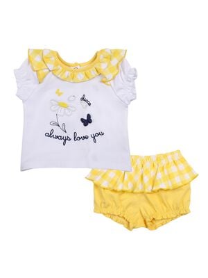 Girls White & Yellow Printed T- Shirt with Short Pants